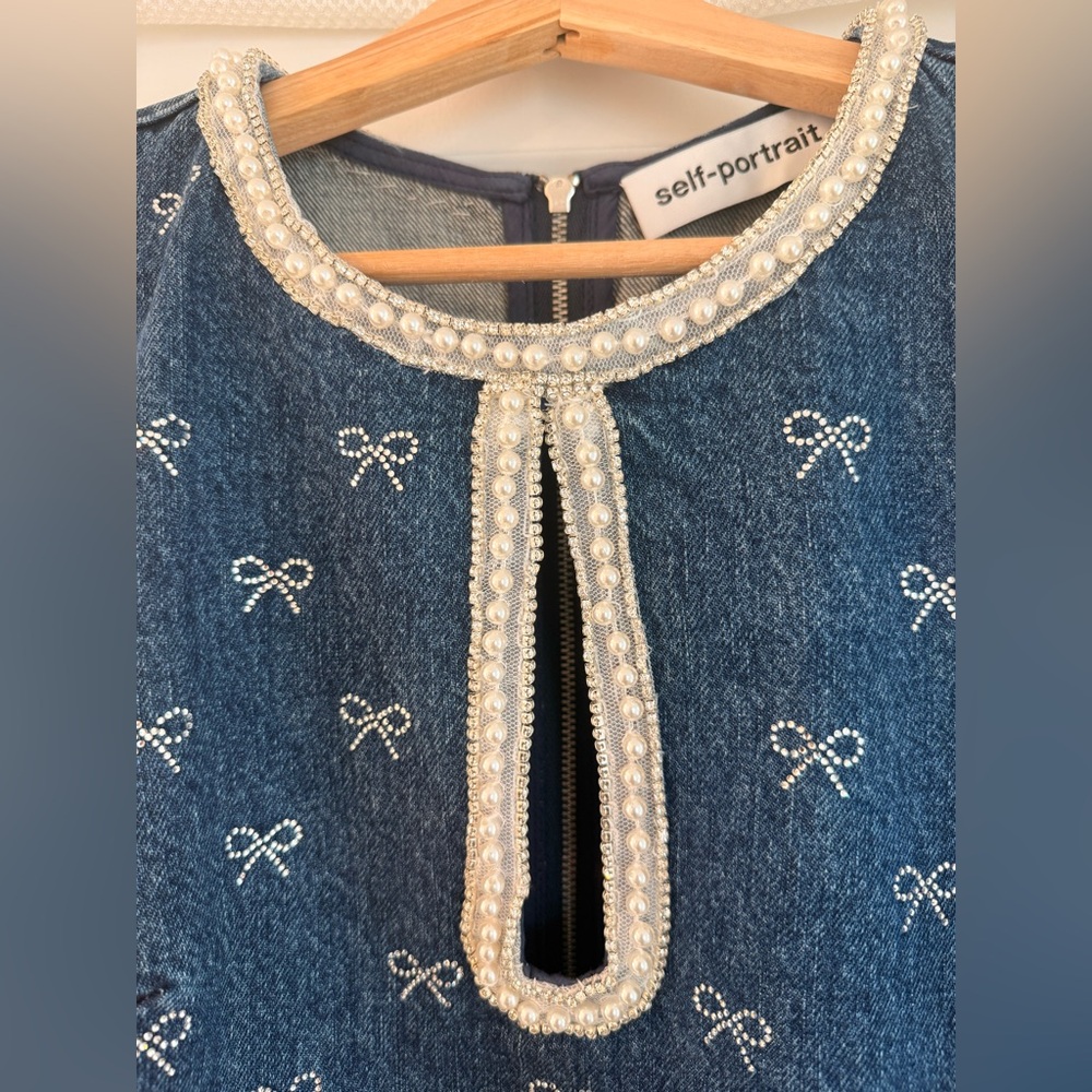 NWOT Self-Portrait DENIM DIAMANTE BOW MINI DRESS - Picture 10 of 17